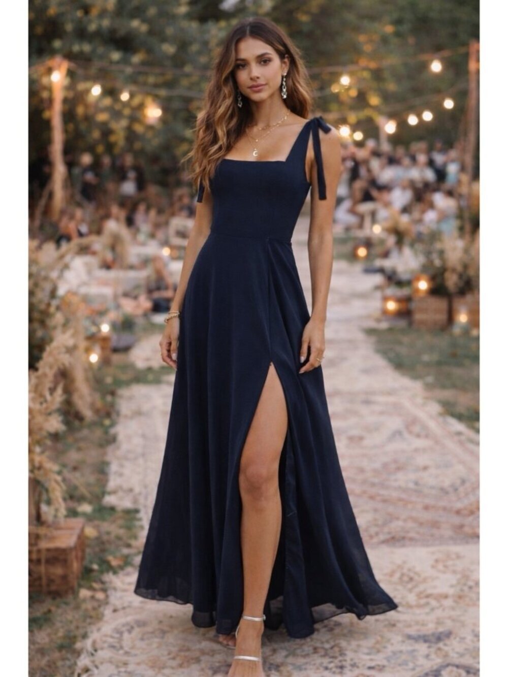 Lulus Love Me Forever Maxi Dress Sz XL Navy Blue Square Neck Tie Strap Gown